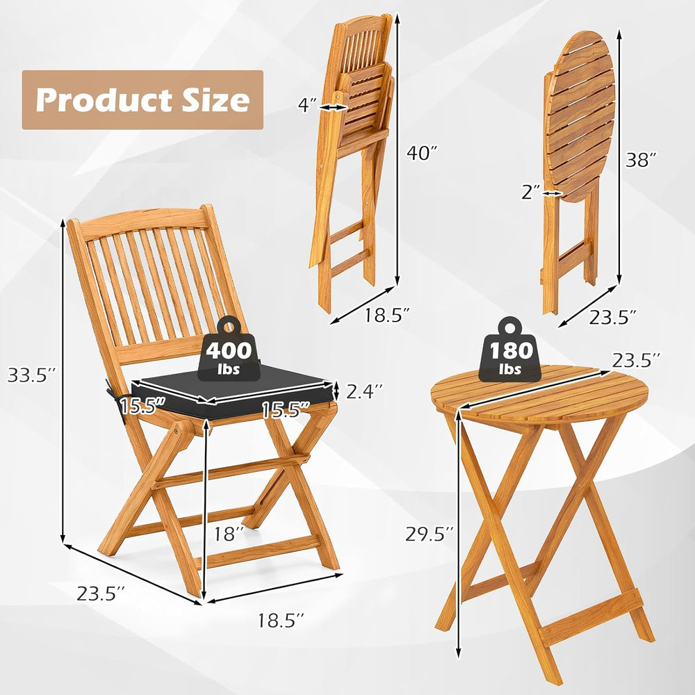 ORALNER 3-Piece Acacia Wood Folding Patio Bistro Set (Black)