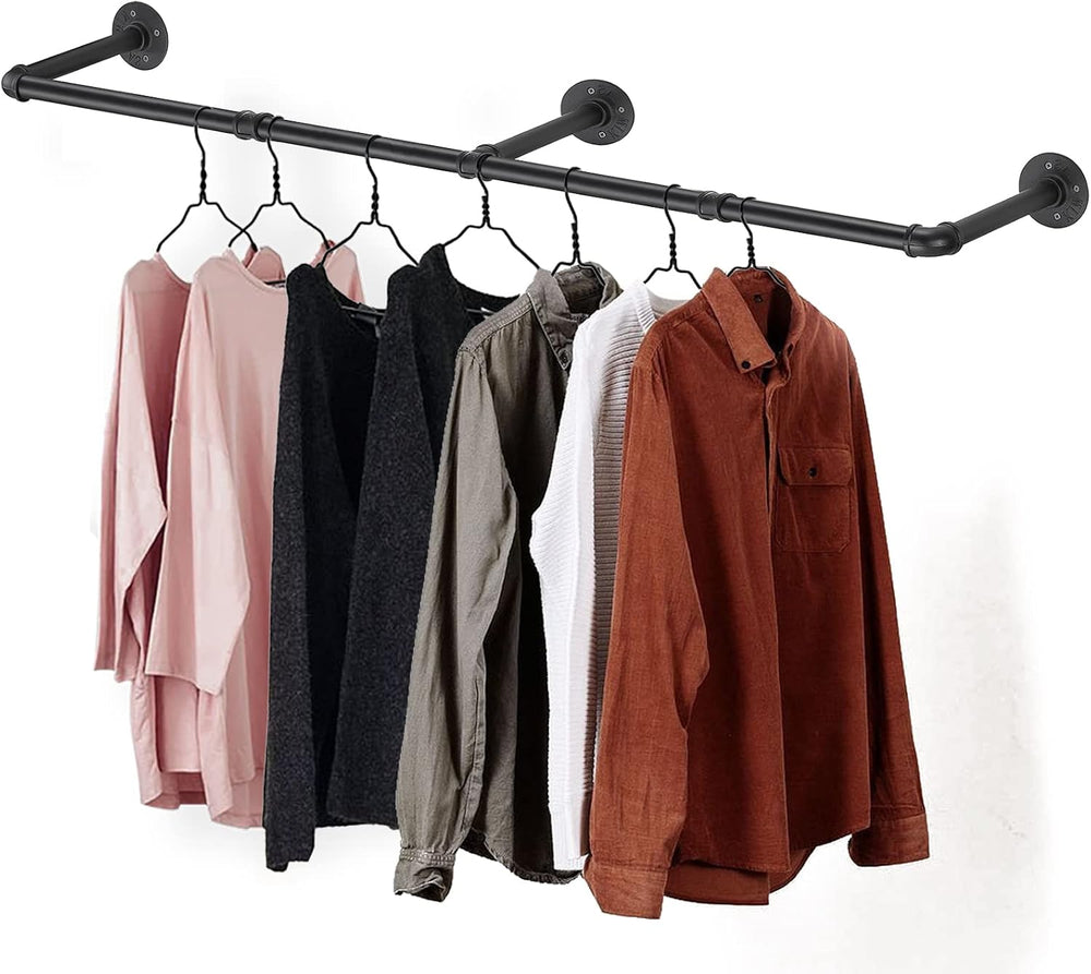 Clothes Hanger Pole Wall Mount, 72" Heavy Duty Detachable Black Iron Gar...
