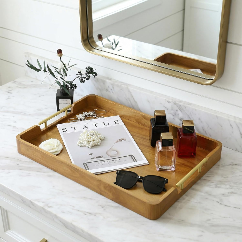 Solid Teak Wood Serving Tray with Handles, 20 x 14 Inch