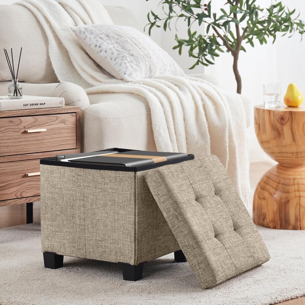 Ornavo Home 15" Square Folding Storage Ottoman Cube with Legs, Taupe