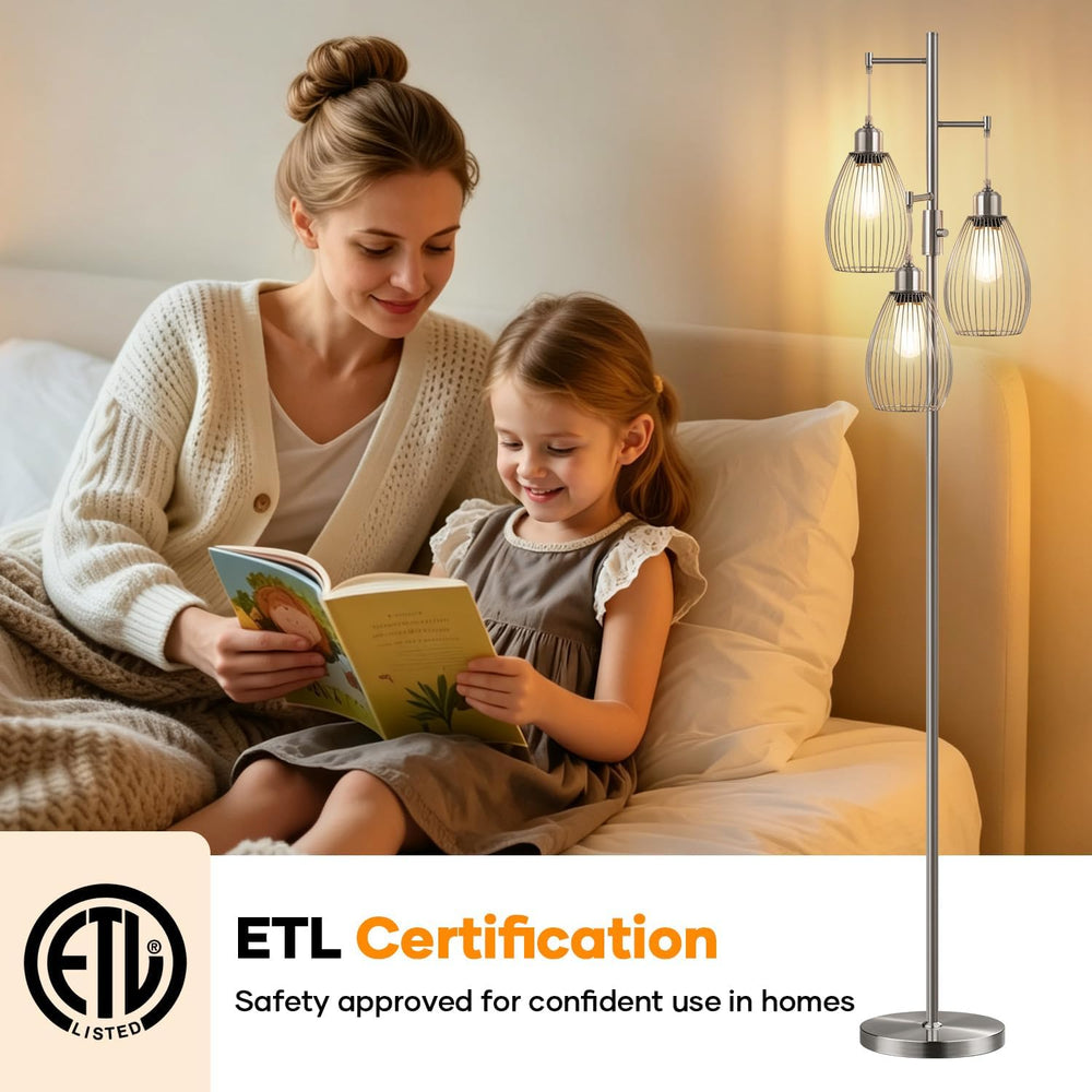 Nintiue Dimmable Floor Lamp, 3 x 800LM LED Edison Bulbs Included, Industrial ...
