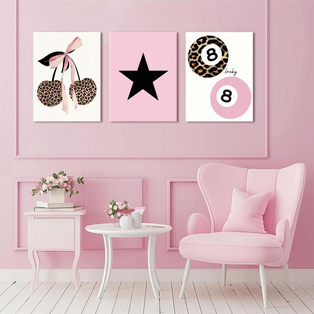 Trendy Pink Leopard Bow Canvas Wall Art Set of 3 Funky Cherry Lucky 8 Ball Po...