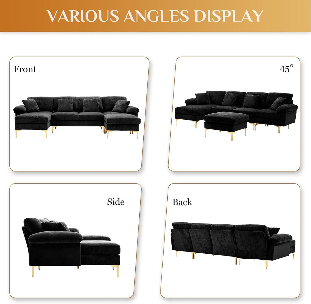 Wrofly 114" U-Shaped Velvet Sectional Couch with Ottoman, Black