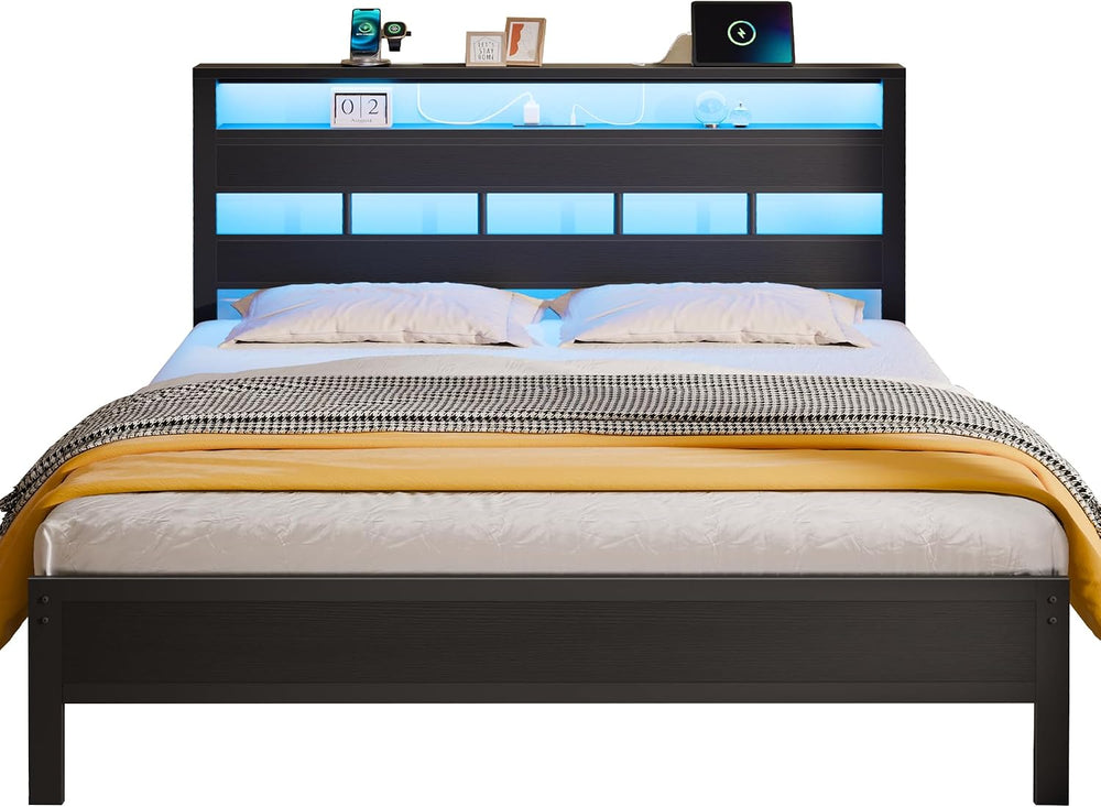 Furnulem Queen Bed Frame with Storage Headboard and LED Lights, Black Oak