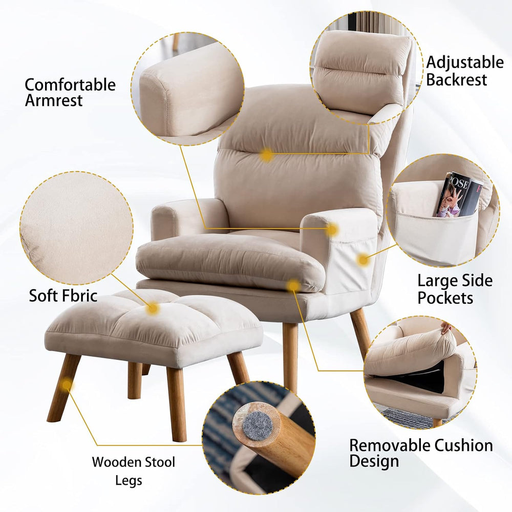 CANMOV Modern Accent Chair with Ottoman, Soft Fabric Armchair with Adjustable...