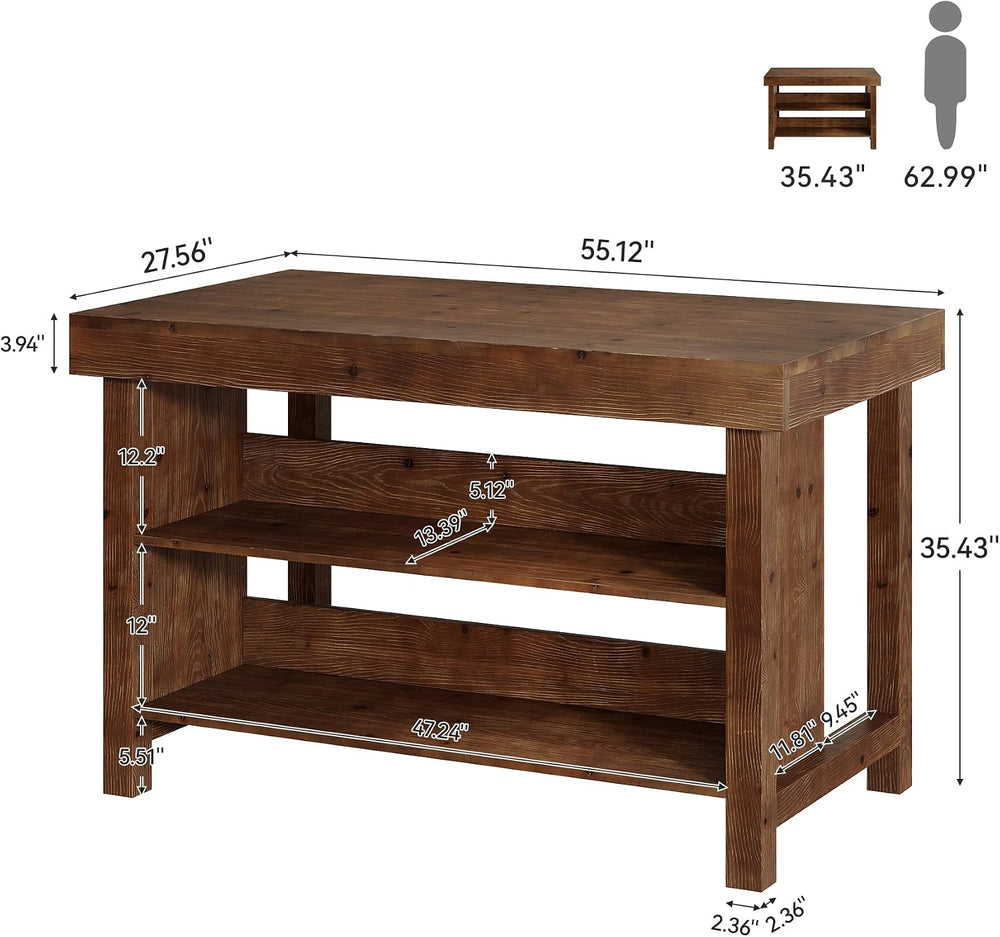 Solid Wood Kitchen Island, 3-Tier 55 Inch Stationary Island Table