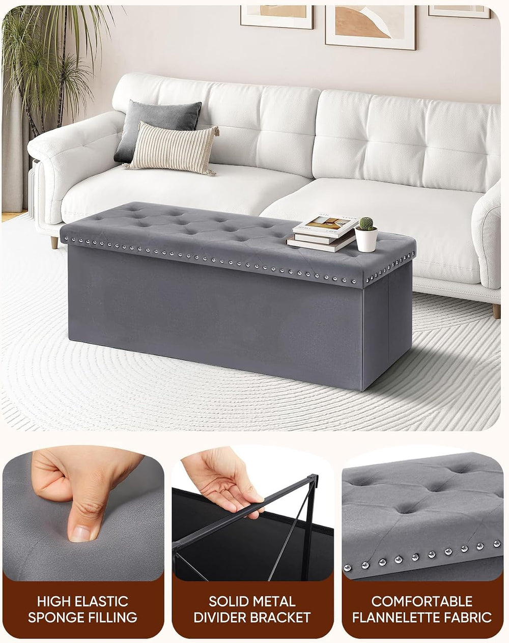 B FSOBEIIALEO Storage Ottoman Bench, 43" Velvet Ottoman with Storage, Grey