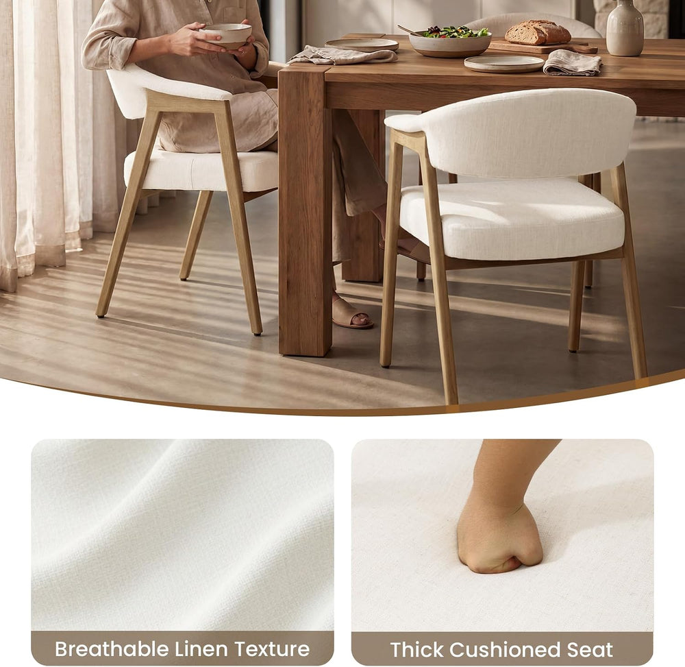 Dining Chairs with Arms Set of 4, Barrel Back, Solid Wood Legs/Linen Beige