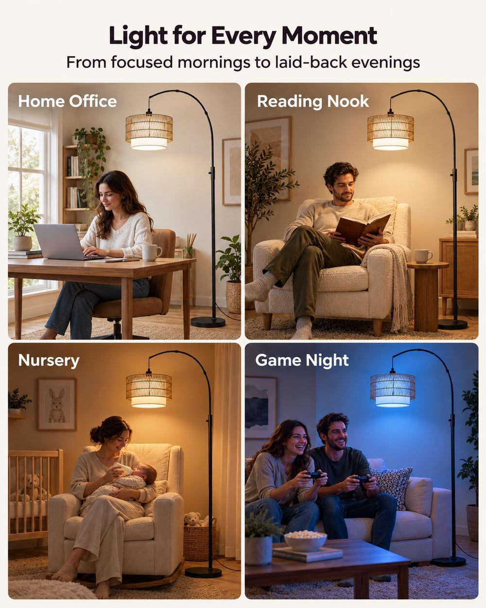 Boho Rattan Arc Floor Lamp, 71" RGB, Compatible with Alexa & App