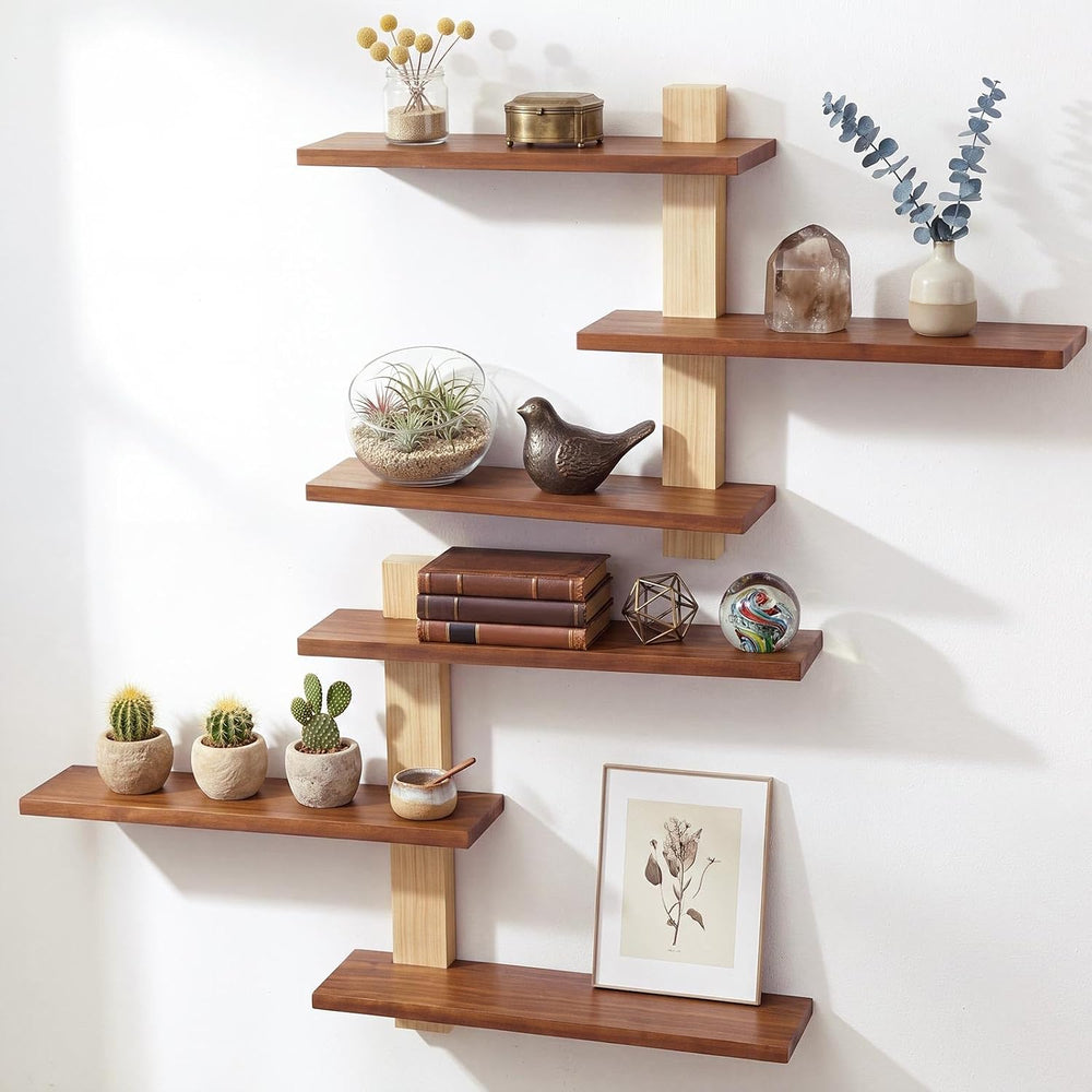 Pinkunn 2 Pack Floating Wall Shelf Mid Century Decor, Natural Wood, 3 Tier