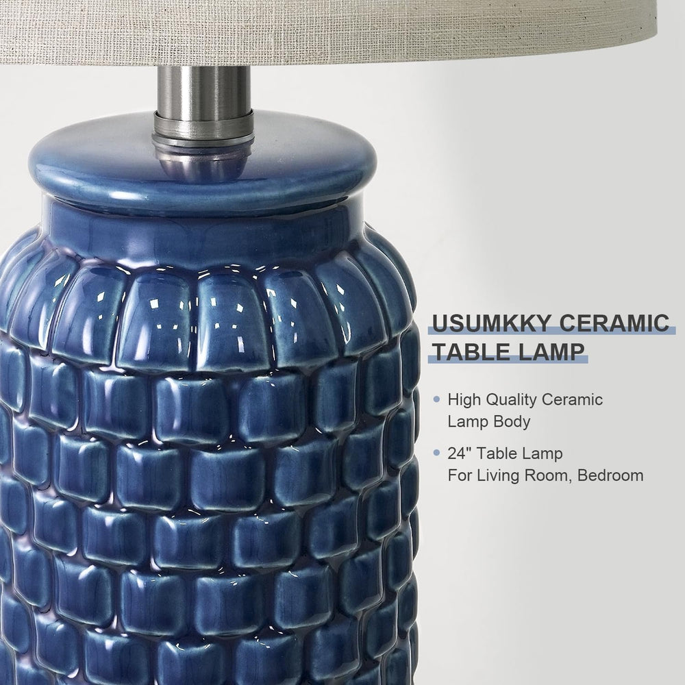 USumkky 24 inches Modern Ceramic Dark Blue Bedside Lamp Set of 2 for Bedroom ...