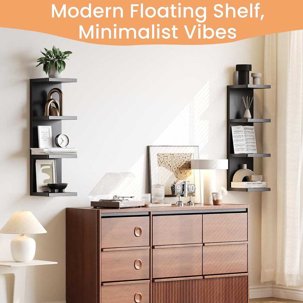 upsimples 4 -Tier Floating Wall Shelf, Black Vertical Vanity Decor Shelves