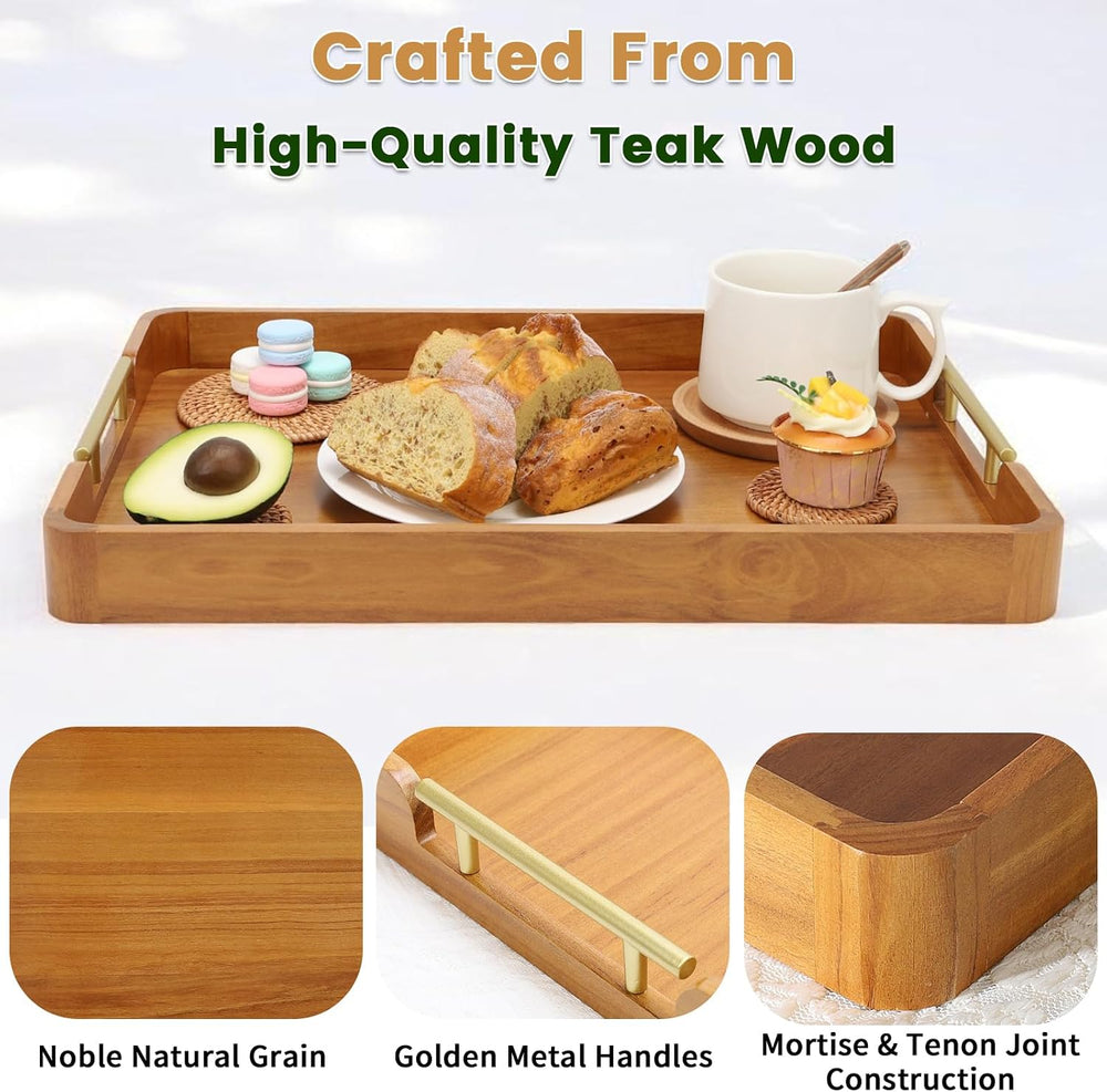 Solid Teak Wood Serving Tray with Handles, 20 x 14 Inch