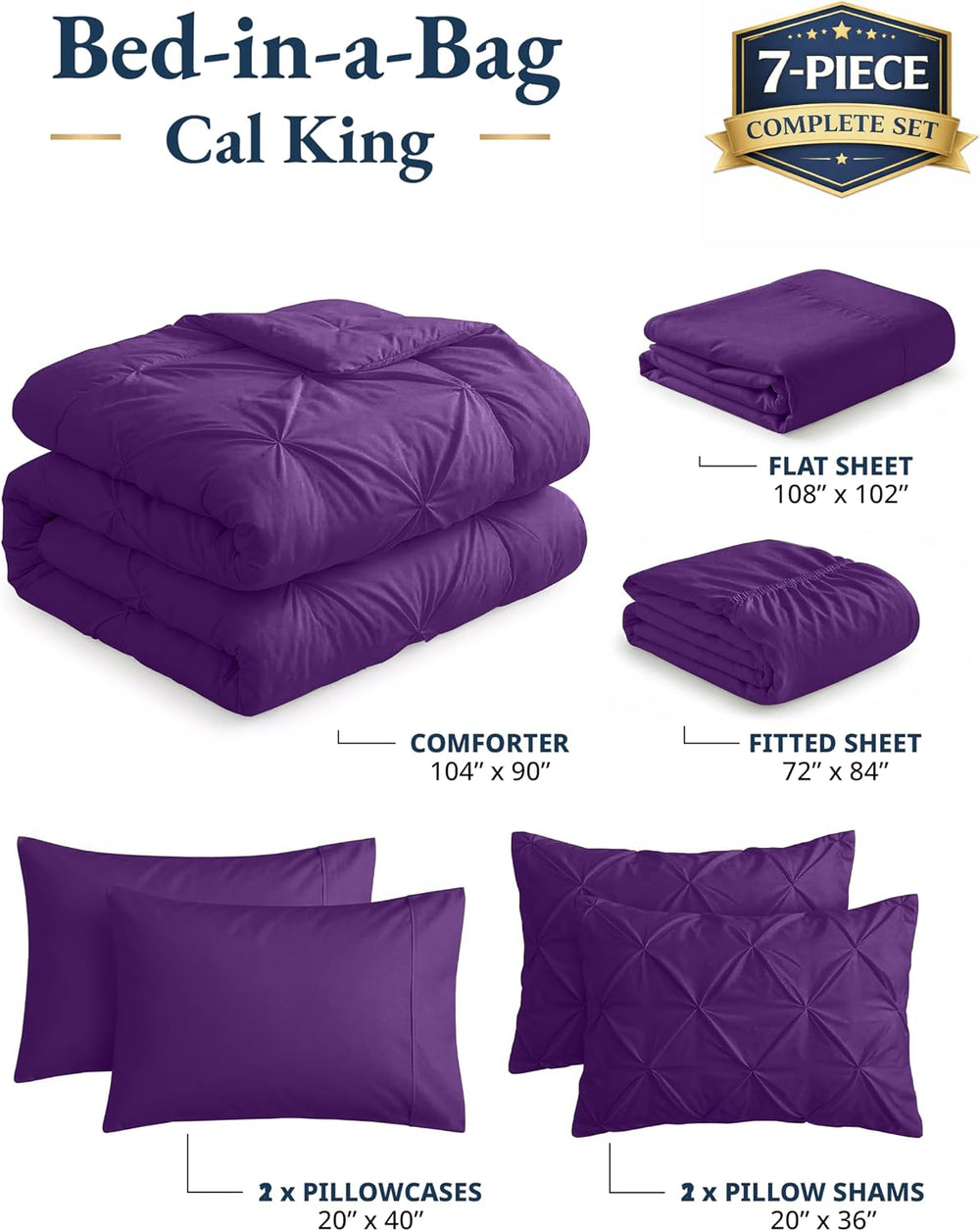 LANE LINEN 7 Piece California King Comforter Microfiber All Season - Purple