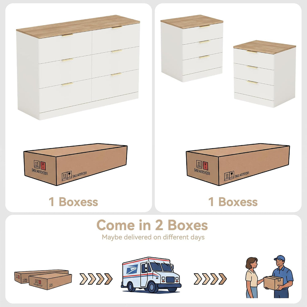 3 Pieces 6 Drawer Dresser & 3 Drawer Nightstand Set, White & Brown