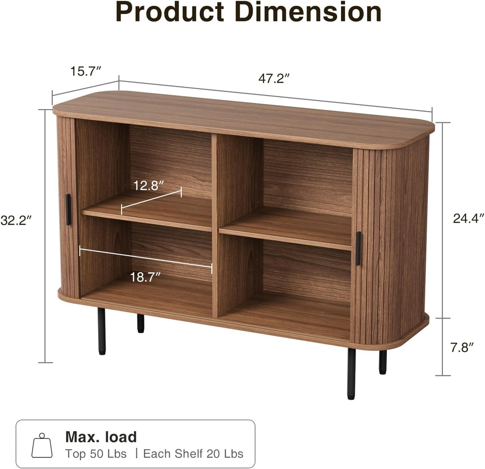 Fluted Sideboard Buffet Cabinet, Sliding Door/Adjustable Shelf, Walnut