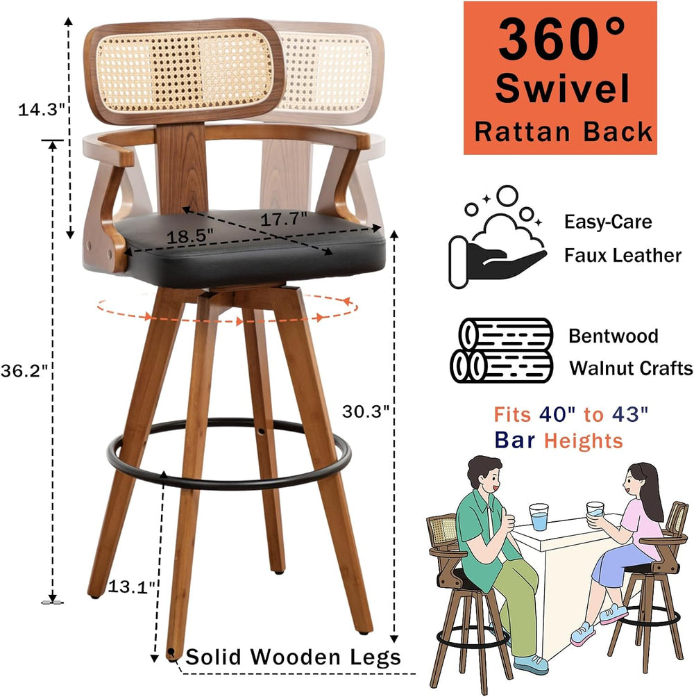 Rattan Bar Stools, 30 inch Mid Century Walnut Bar Stools with Curved Back