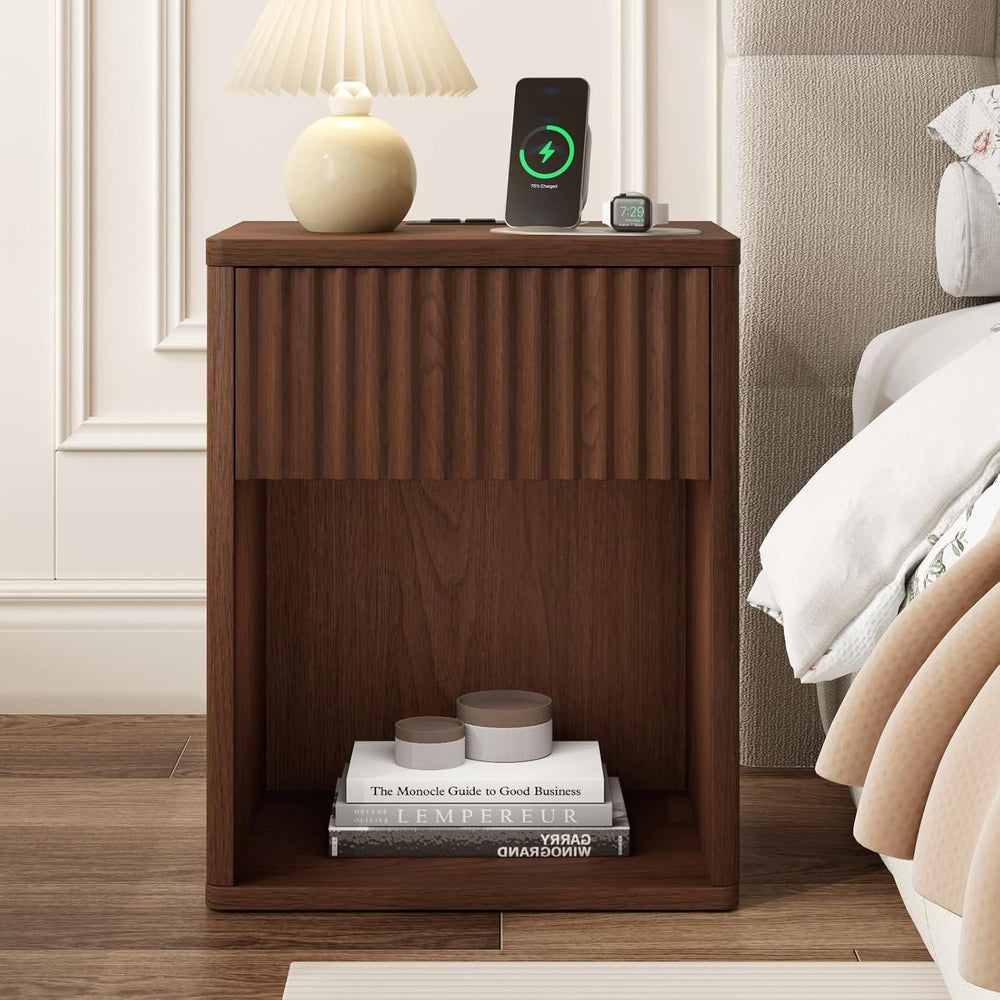 Fluted Nightstands Set of 2 w/Charging Station, Wooden End Table Bed Side Tab...