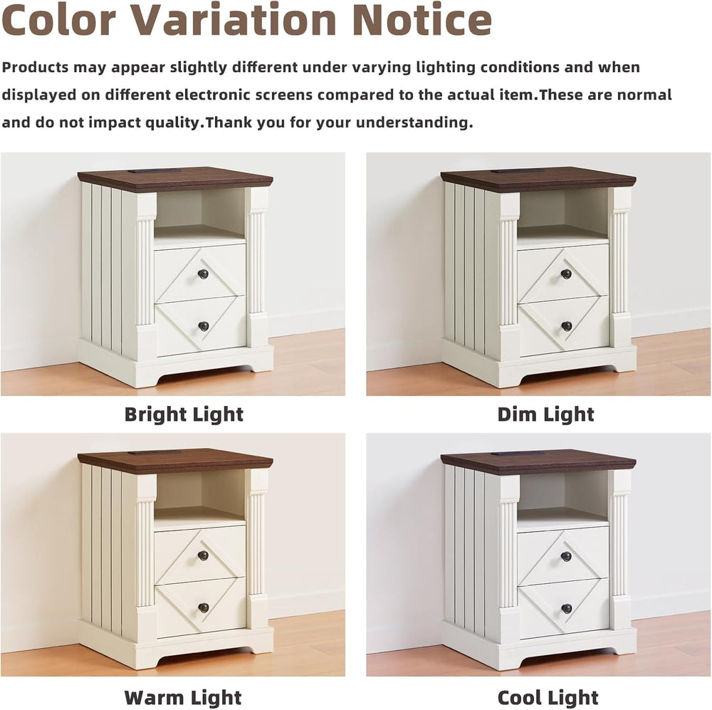 BuildHom 18" Farmhouse Nightstand Set of 2 with Charging Station, White