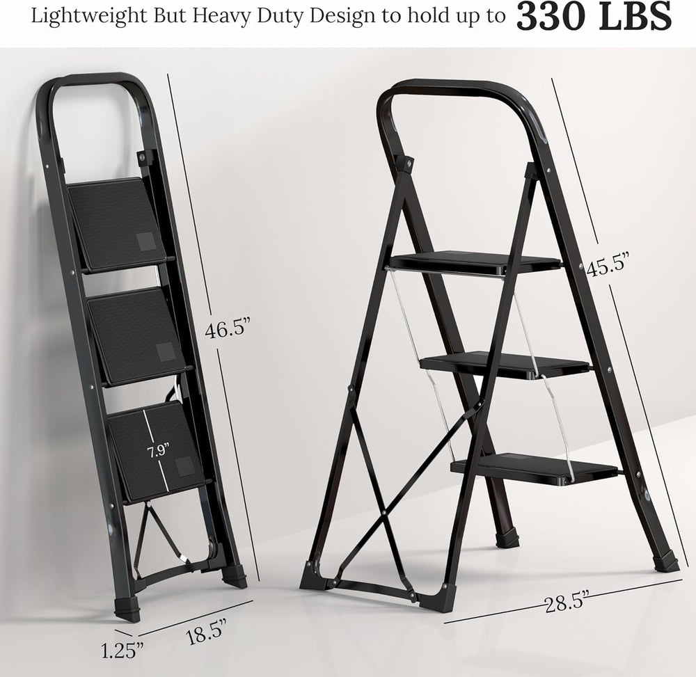 3-Step Ladder with Wide Anti-Slip Platform & Thick Rubber Feet | Heavy Du...