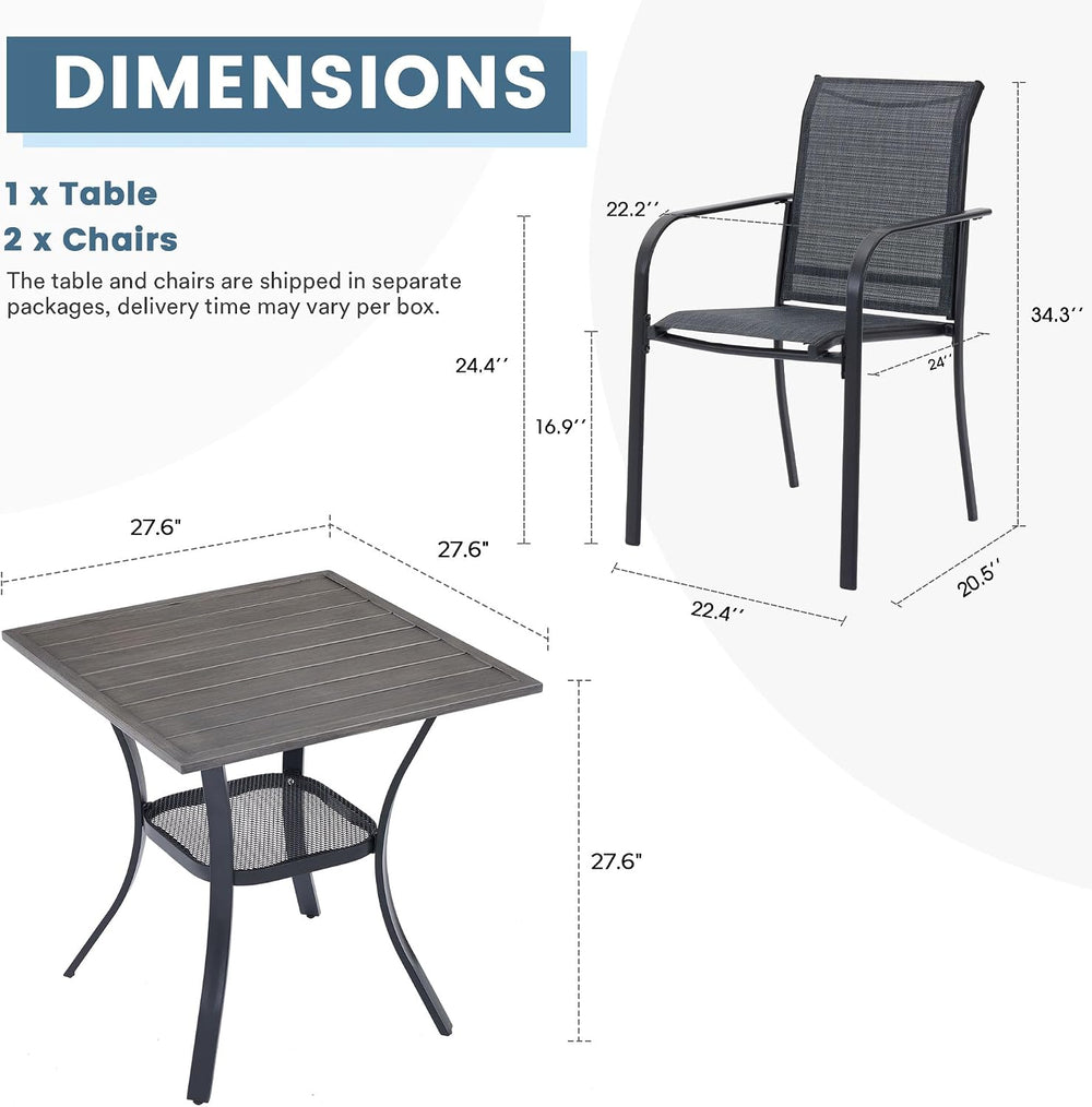 DIFY 3-Piece Outdoor Patio Bistro Dining Set, Grey Wood-Like Small Square Din...
