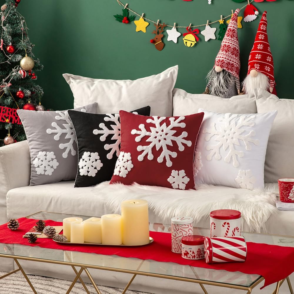 MIULEE Christmas Throw Pillow Covers Burgundy Decorative Snowflake 18x18