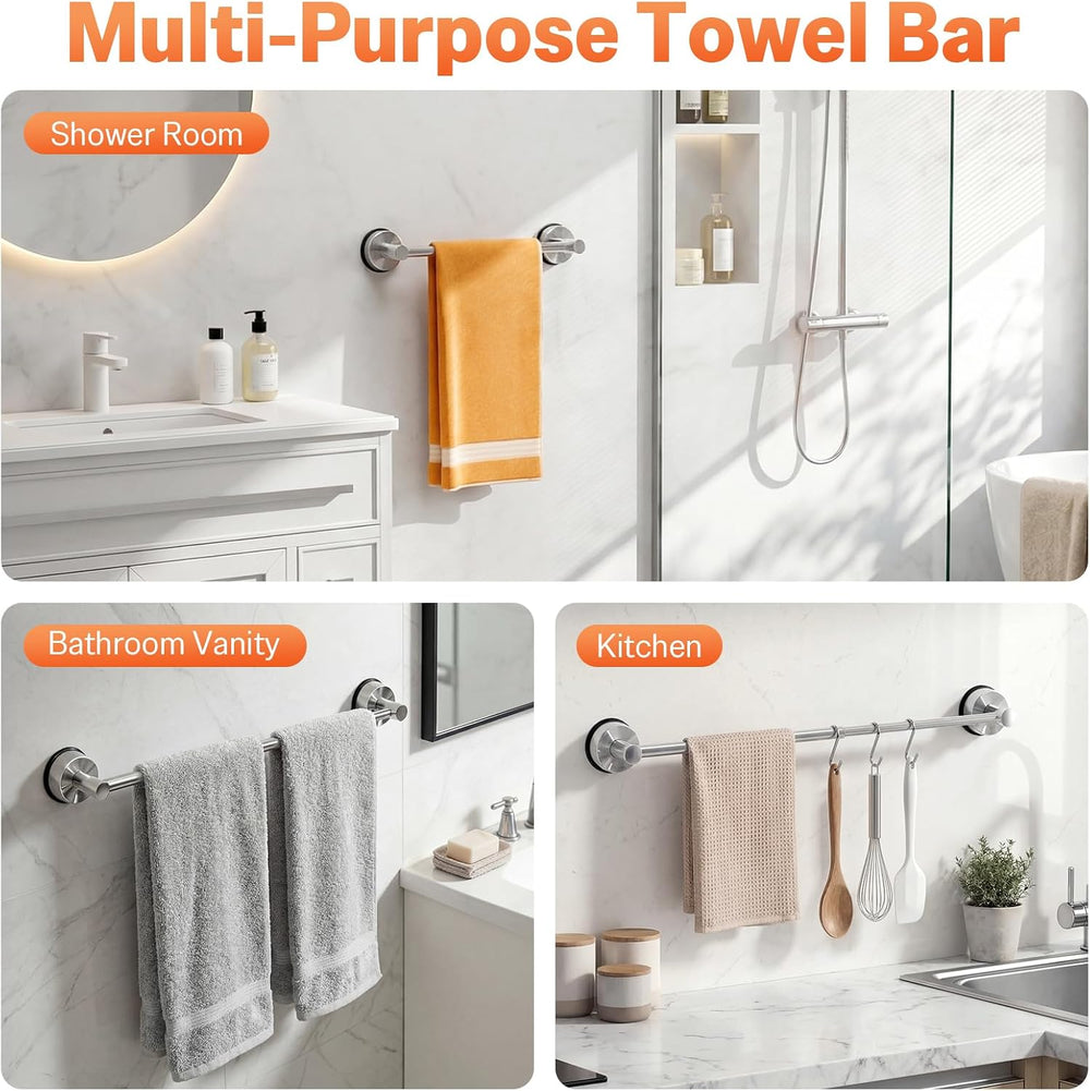 Suction Cup Towel Bar for Bathroom Wall, No-Drill Towel Rack Silver