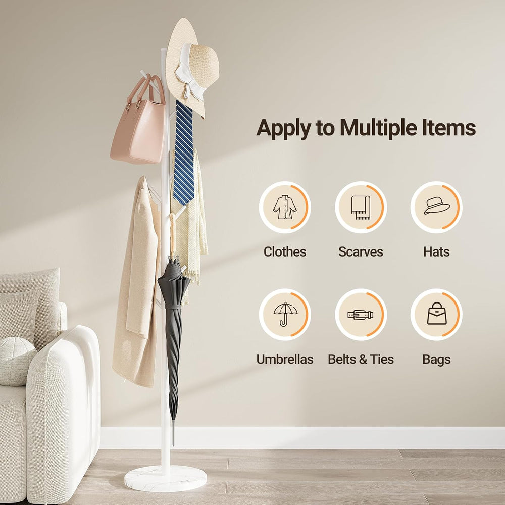 Coat Rack Freestanding, Metal Coat Rack with Natural Marble Base, White