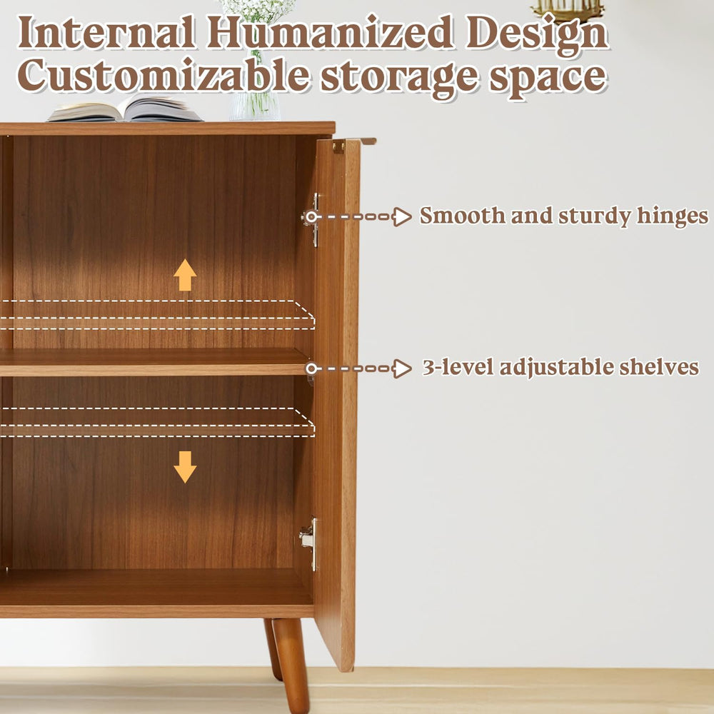 Fluted Brown Wood Sideboard Buffet Storage Cabinet with Doors