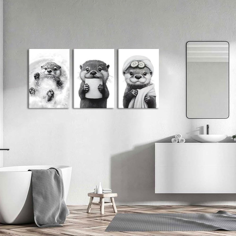 3Pcs Cute Otter Canvas Wall Art Funny Bathroom Paintings Pictures Wall Decor ...