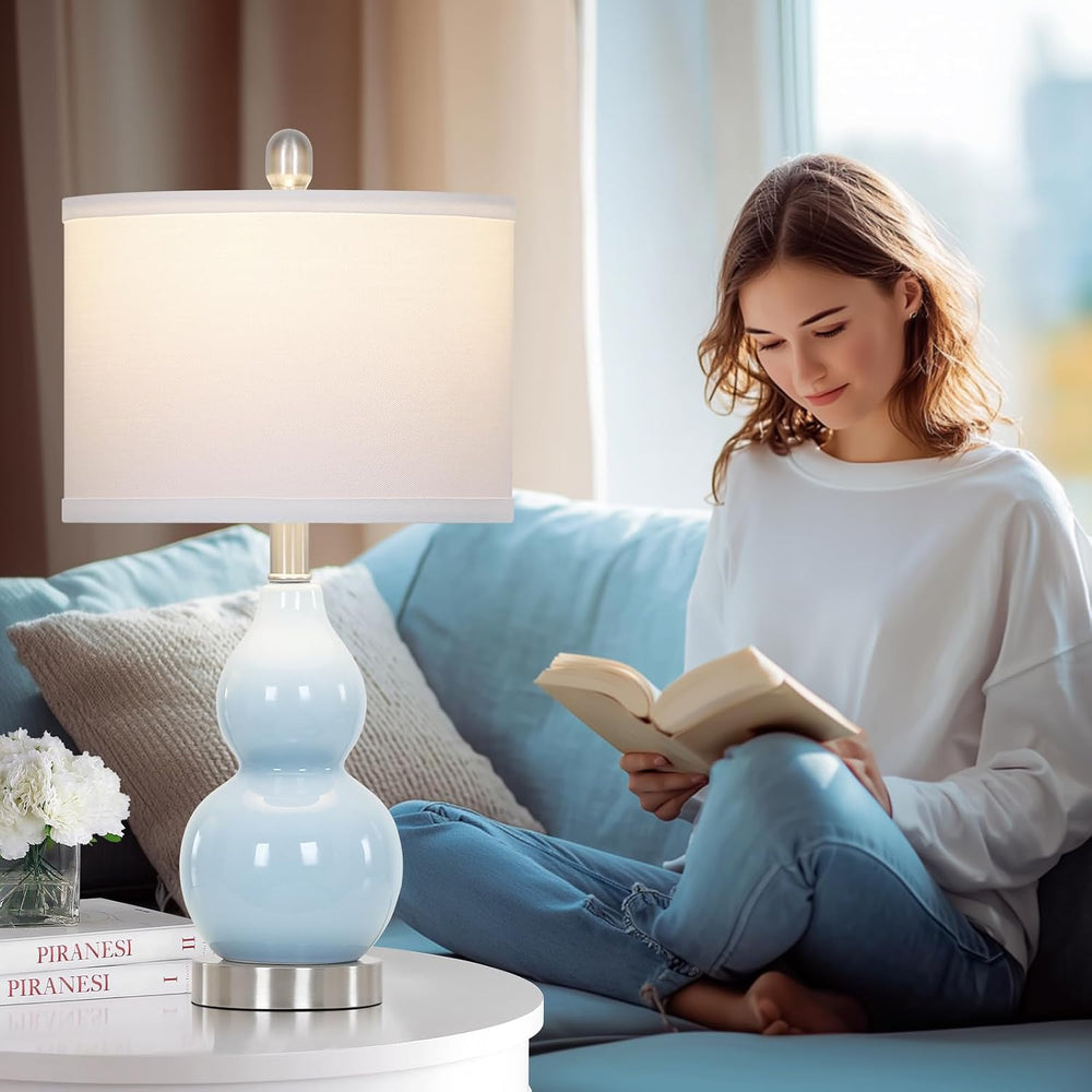 22" Double Gourd Ceramic Table Lamps Set of 2, Blue Modern Bedside Lamps...