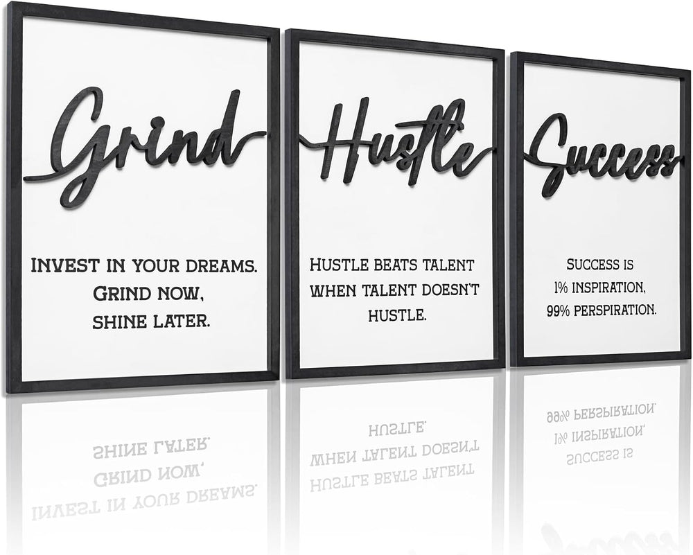 3D Wood Inspirational Office Wall Decor, 36" x 16" Framed Grind Hus...