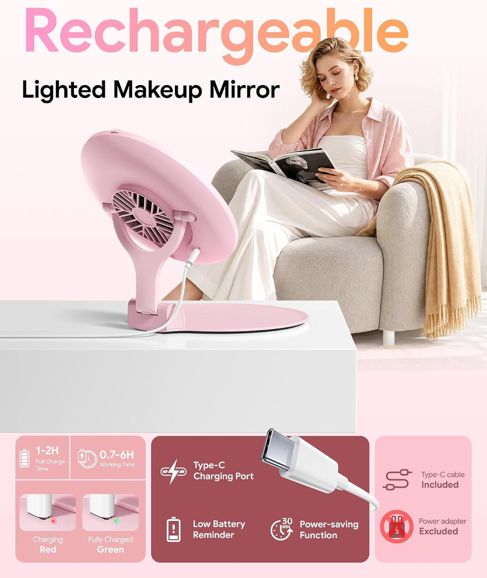 Gospire Foldable Lighted Makeup Mirror with Fan, 3-Speed & 3 Lights, Pink