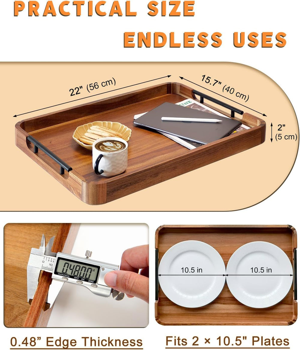 22" Acacia Wood Ottoman Serving Tray with Handles, Rounded Corners