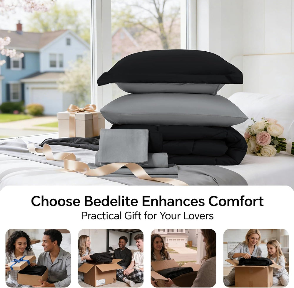 BEDELITE Queen Comforter Set 7 Pieces, Reversible Black Bed in A Bag