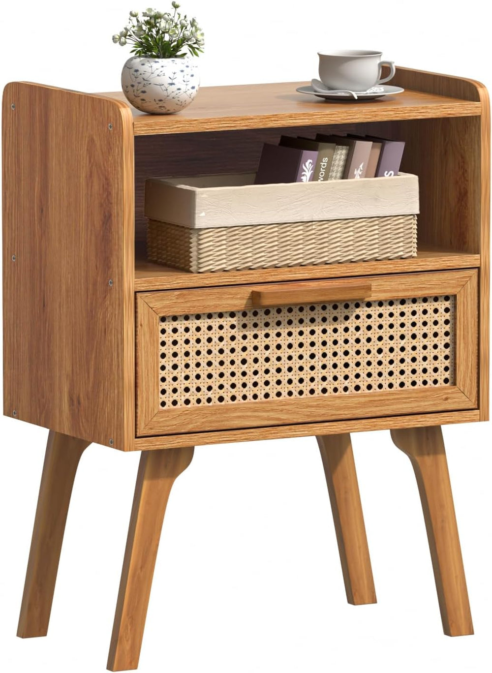Lerliuo Rattan Nightstand, Side Table with Drawer Open Shelf