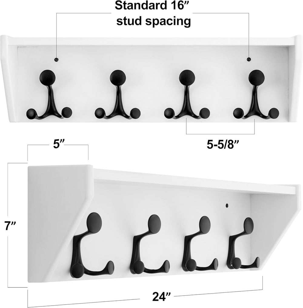 SKOLOO Wall Shelf with Hooks, 24-Inch White Coat Rack Wall Mount with Shelf O...
