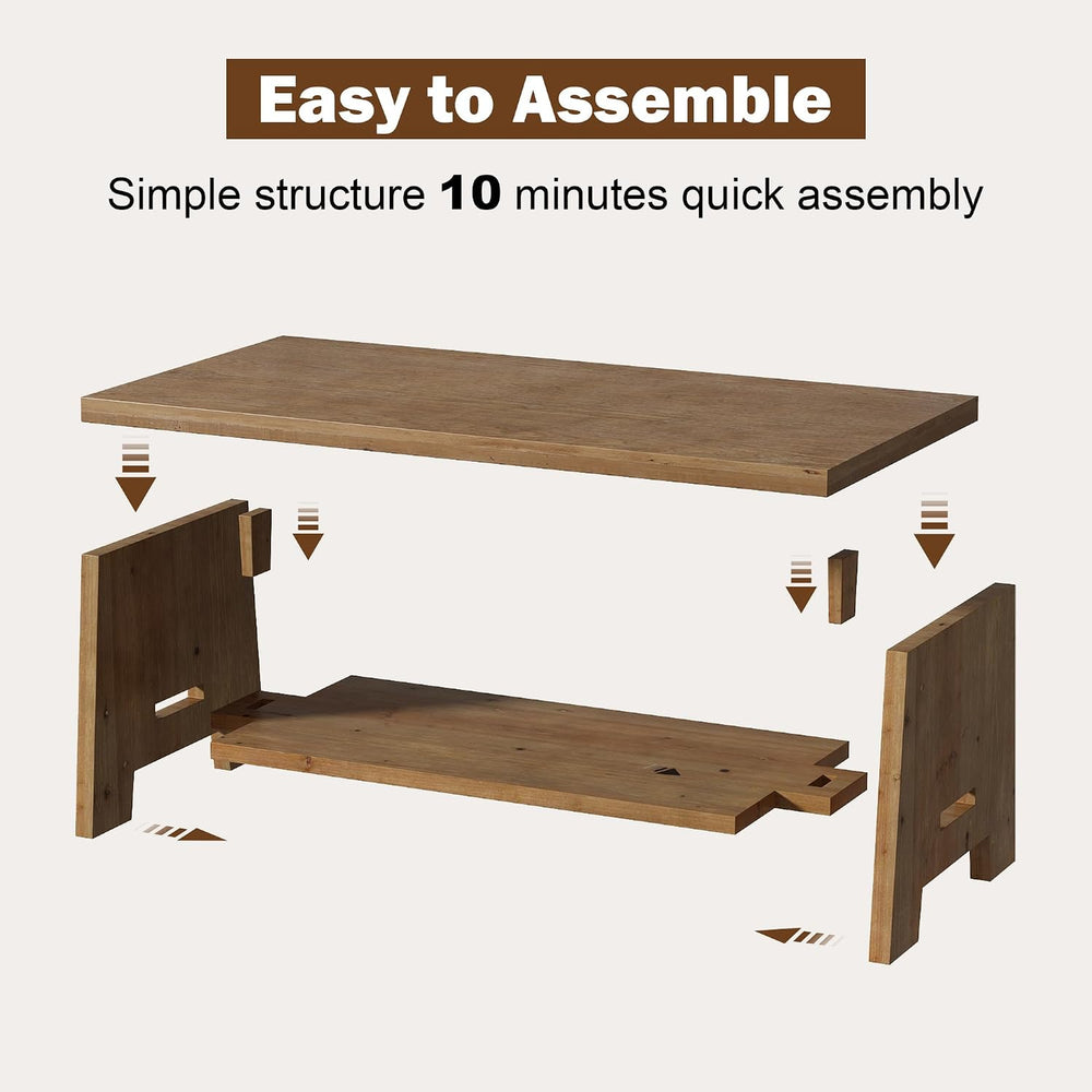 Farmhouse Wood Coffee Table, 43.4" Center Table, Solid Wood Tabletop