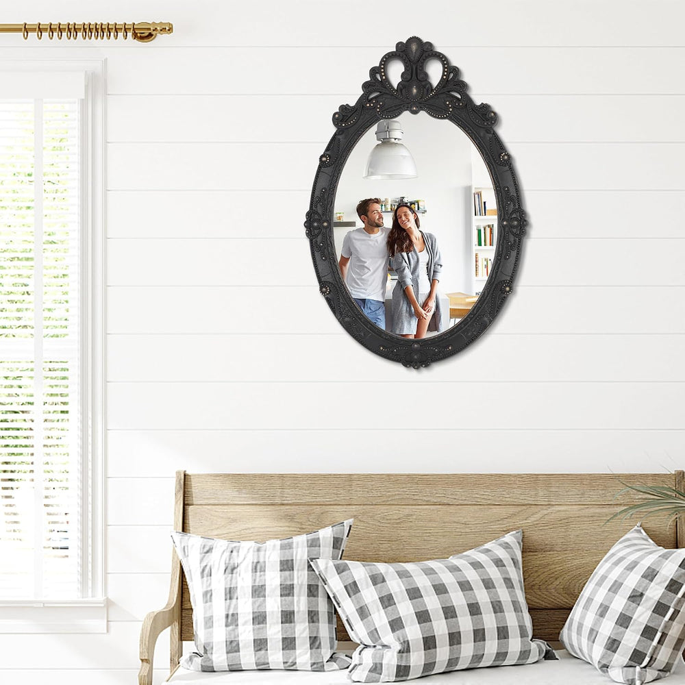 Vintage Black Hanging Mirror, Oval Carved Wood Frame Wall Mounted Mirrors