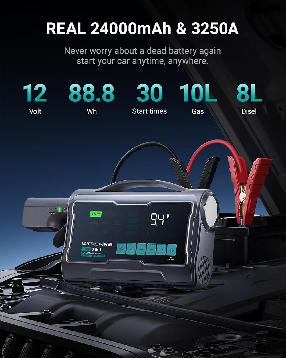VANTRUE POWER JS3 Real 3250A Jump Starter with Air Compressor 160PSI