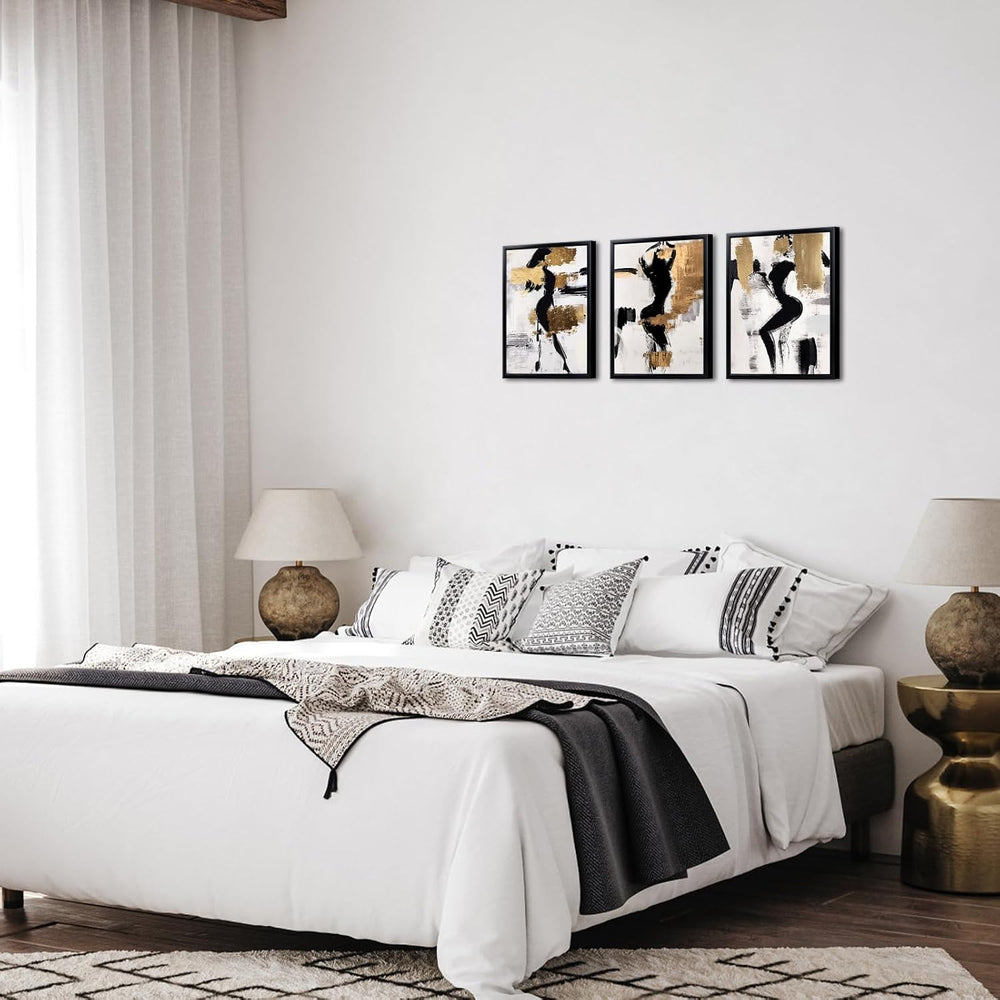 LevvArts Black and Gold Bathroom Decor Abstract Women Wall Art Set of 3 Black...