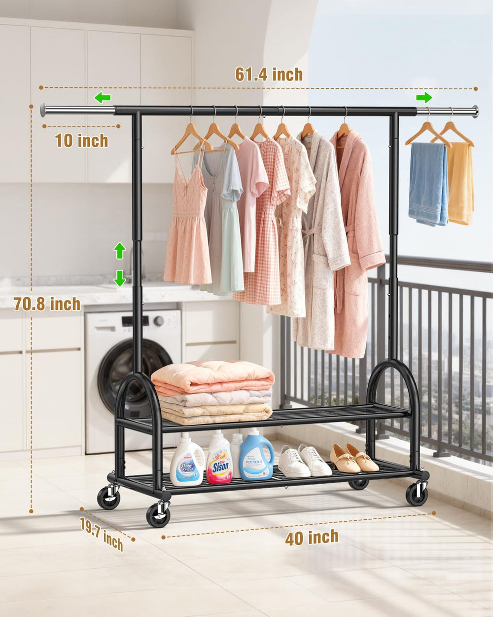 EAGMAK Rolling Clothes Rack Heavy Duty Clothing Racks with 2 Shelves, Black