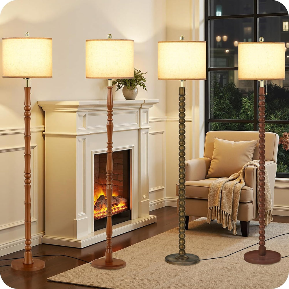 65" Solid Wood Beaded Floor Lamp with Pull Chain Switch, 3CCT, Walnut Green
