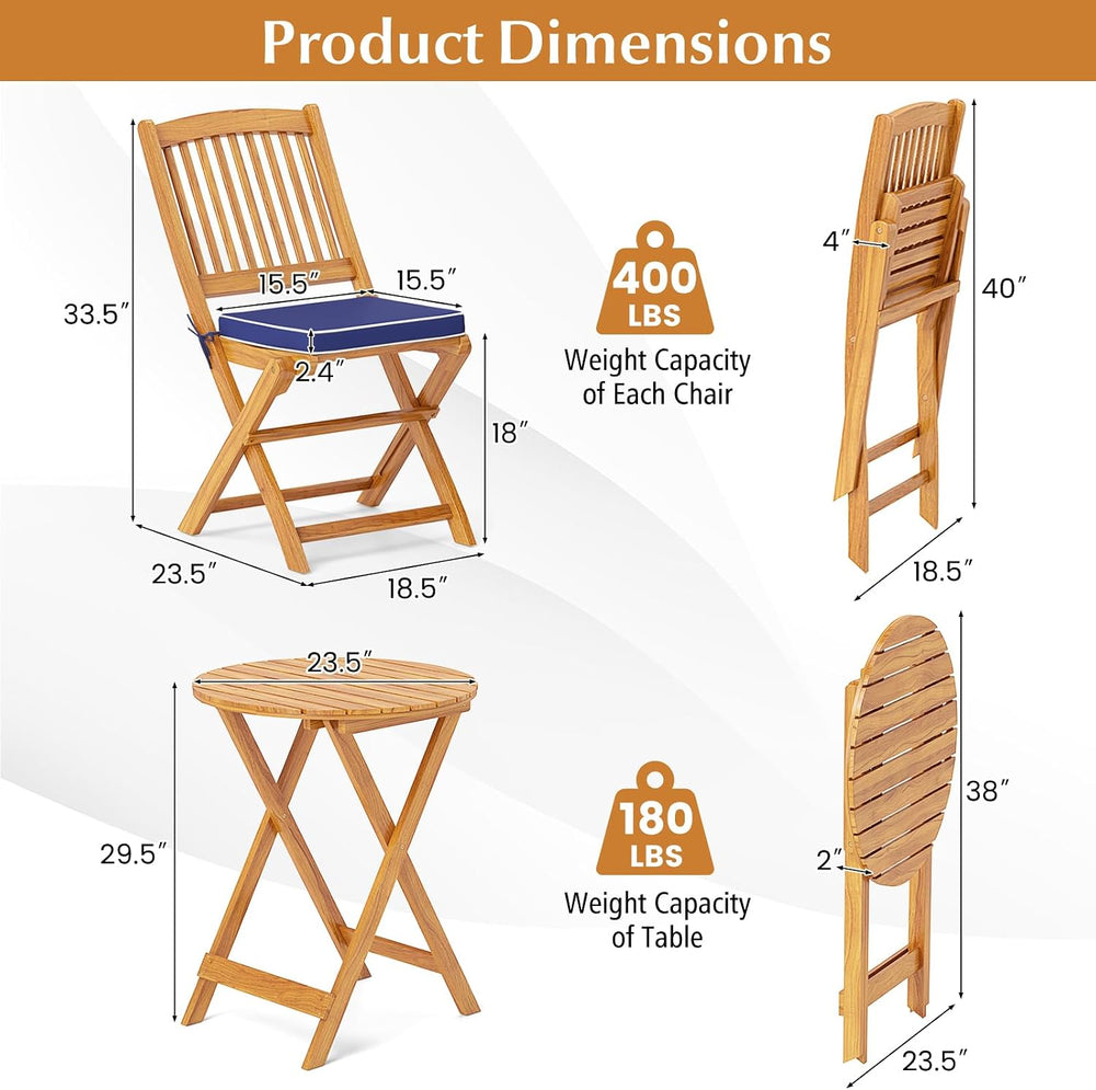 Tangkula 3 Pieces Acacia Wood Patio Folding Bistro Set, Outdoor Table and Cha...