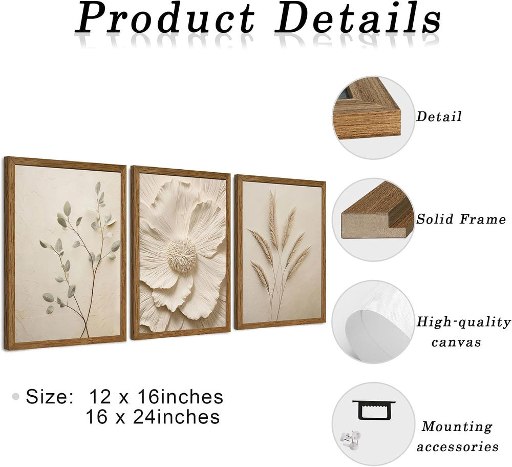 JLTULT Beige Floral Wall Art Set of 3, Solid Wood Frames, 12 x 16 in Each