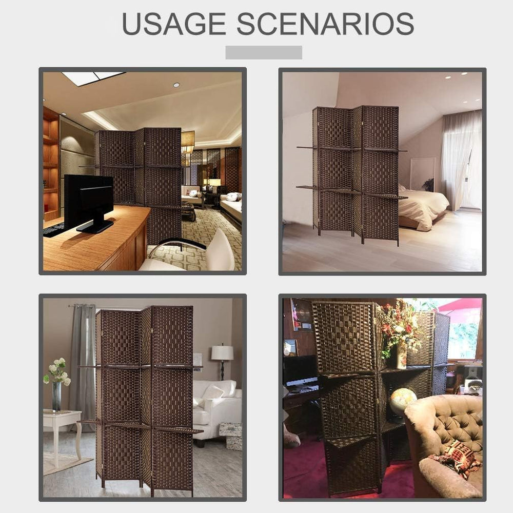 FDW | 4 Panel Folding Room Divider with Shelves | 5.9ft, Brown