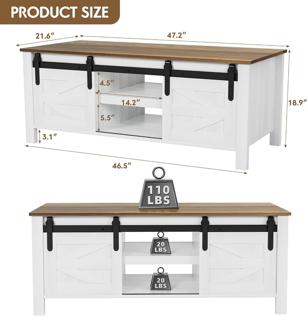 JUMMICO Farmhouse Coffee Table with Storage & Sliding Barn Doors, Modern ...