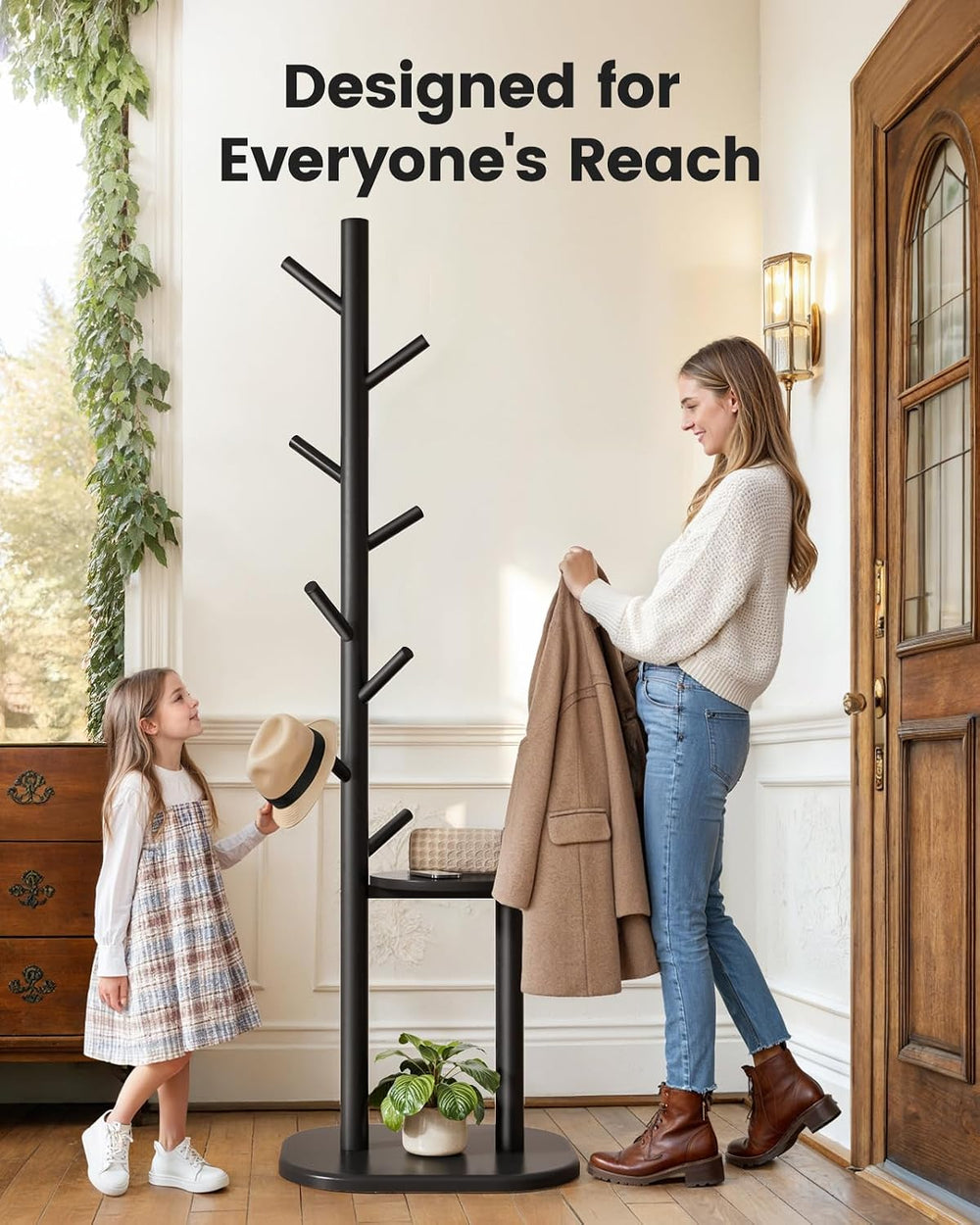 Pipishell Solid Wood Freestanding Coat Rack with 8 Hooks & Shelves, Black