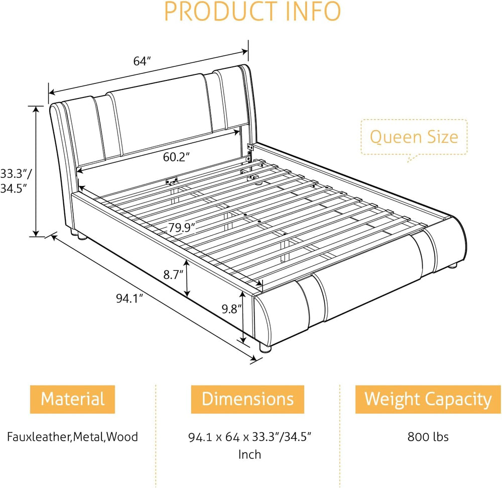 SHA CERLIN Queen Bed Frame with Iron Pieces Decor, Faux Leather, Black