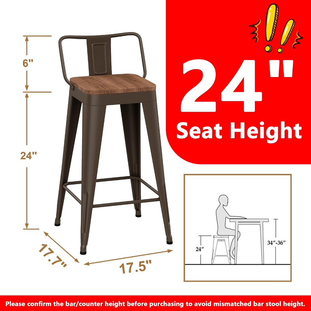 WENTMENT Industrial Rusty Bar Stools Set of 4, 24" Counter Height, Woode...